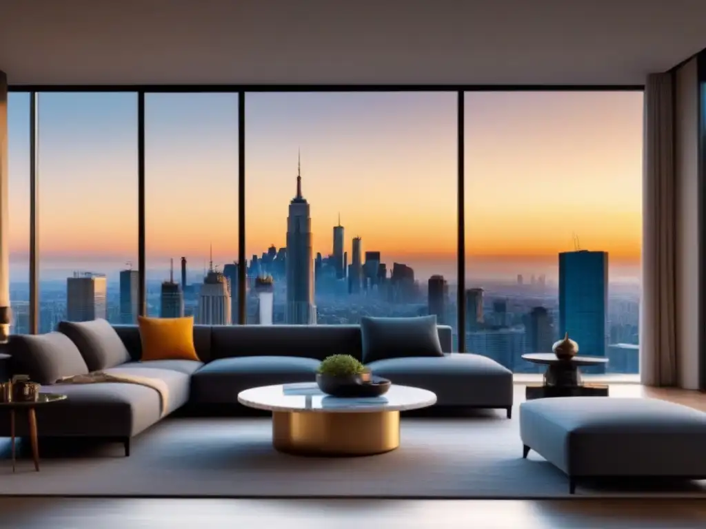 Sala de estar moderna con vistas panorámicas a la ciudad al atardecer Influencers en decisiones de compra disfrutan de sala moderna con vista panorámica de ciudad al atardecer