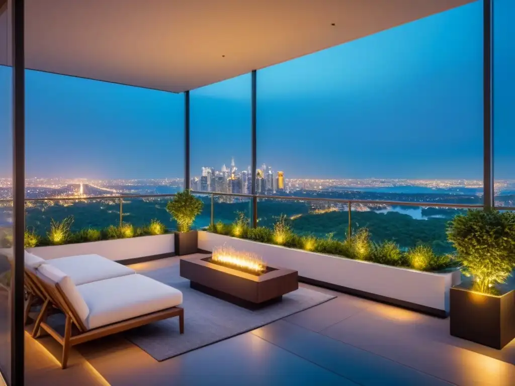 Edificio de lujo con vistas nocturnas en ciudad vibrante Influencers en el mercado inmobiliario: Edificio moderno rodeado de la ciudad de noche, con terraza y vegetación exuberante bajo un cielo estrellado