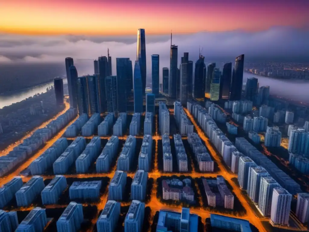 Influencers del mercado inmobiliario: ciudad de rascacielos y atardecer Influencers mercado inmobiliario internacional: Una vista aérea impresionante de una ciudad llena de rascacielos, bañada por la luz del atardecer