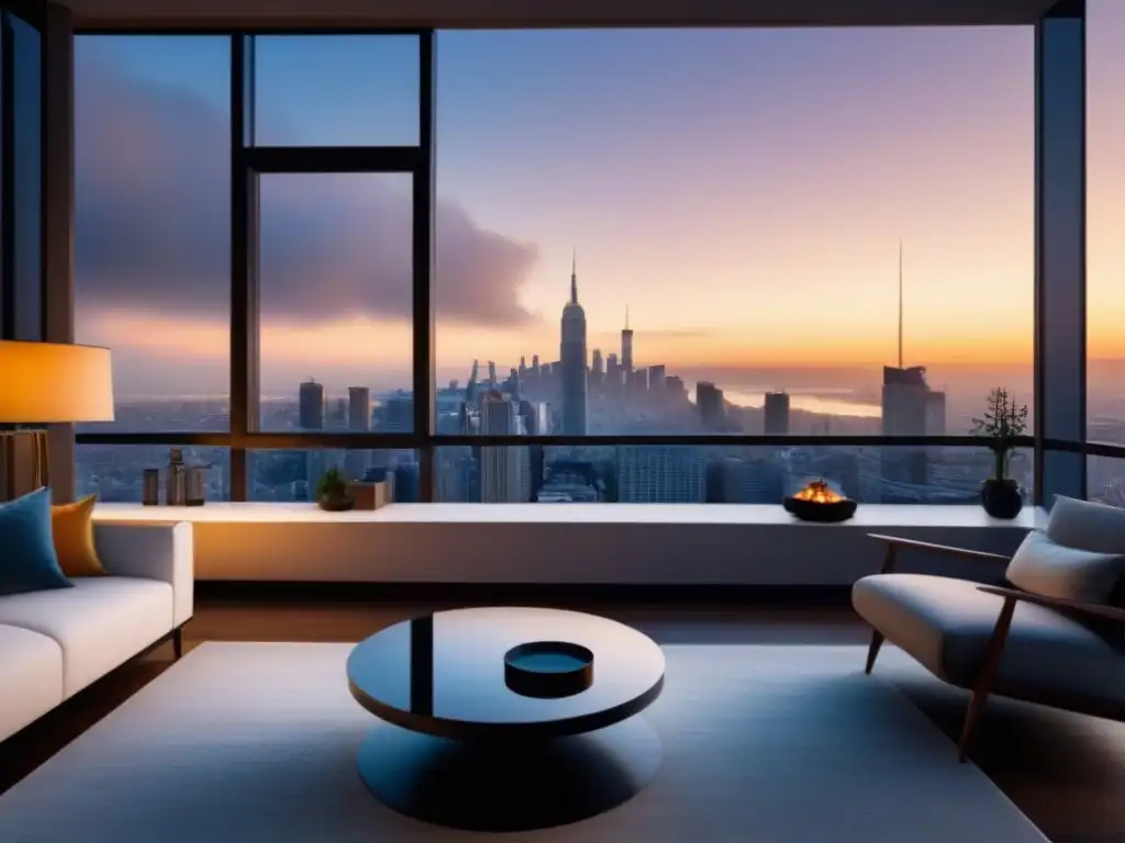 Penthouse de lujo con vista panorámica al atardecer Influencers en mercado inmobiliario: Penthouse moderno con ventanas de piso a techo y vista panorámica urbana al atardecer
