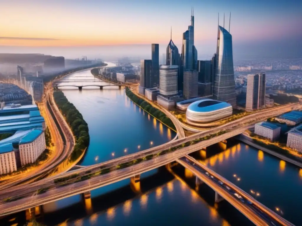 Metrópolis vibrante al anochecer: luces, río y movilidad Influencia de la movilidad urbana y la inversión inmobiliaria en un bullicioso paisaje urbano al anochecer