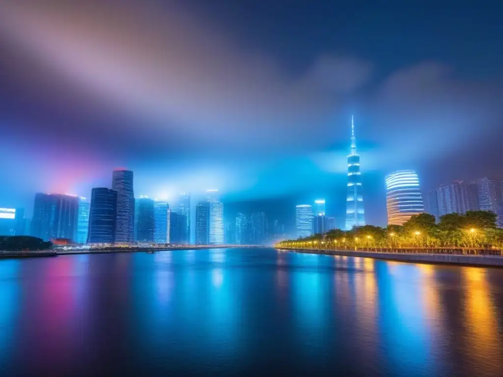 Horizonte nocturno: luces y prosperidad en el sector inmobiliario Influencia política en inversión inmobiliaria: Ciudad nocturna con rascacielos iluminados y luces vibrantes reflejadas en un río
