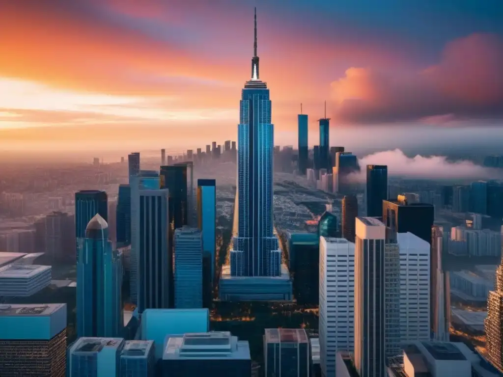 Metropolis futurista: profesionales mundiales y rascacielos al atardecer Influencia política en inversión inmobiliaria: Ciudad futurista con rascacielos imponentes y profesionales en discusión al atardecer