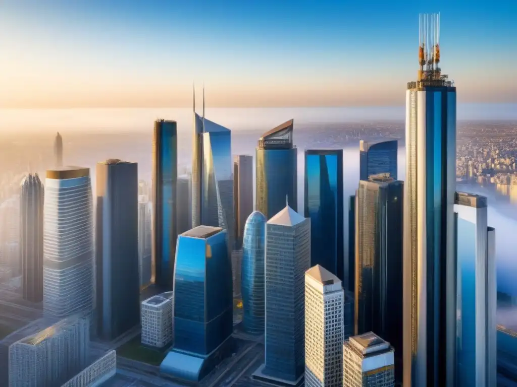 Inversión inmobiliaria global: impacto político en la ciudad moderna Influencia política en inversión inmobiliaria: un paisaje urbano dinámico y global con rascacielos modernos que reflejan innovación y profesionalismo