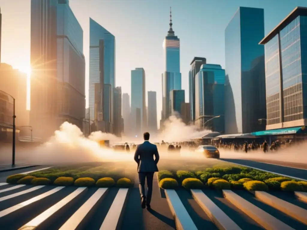 Metrópolis dorada: paisaje urbano 8k vibrante y futurista La influencia de la urbanización en las propiedades comerciales de una ciudad vibrante al atardecer