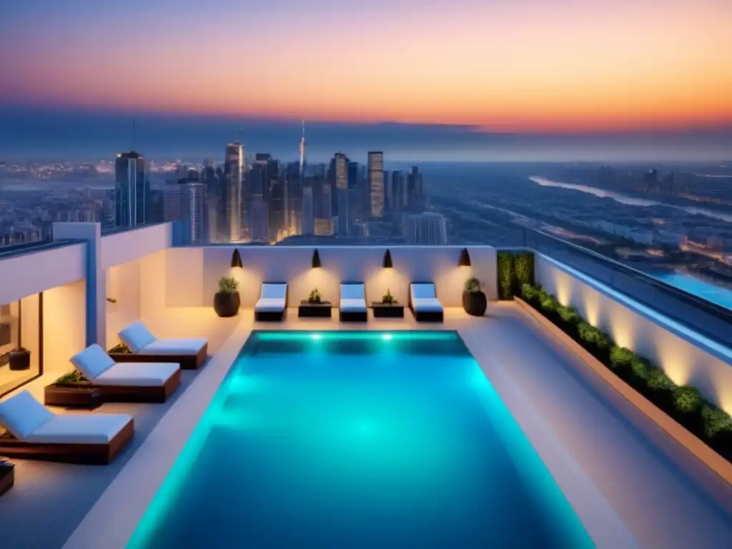 Apartamentos de lujo con piscina en la azotea y vistas urbanas al atardecer Ingresos pasivos inmobiliarios en el ciclo económico: complejo de lujo con piscina en la azotea
