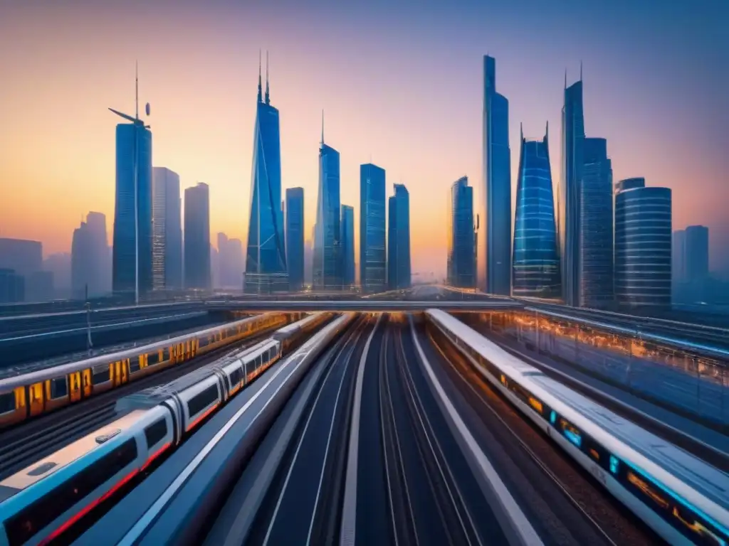 Horizonte inmobiliario global: lujo, modernidad y conexiones Ingresos pasivos en el mercado inmobiliario internacional: Futuristas rascacielos y transacciones inmobiliarias globales al atardecer