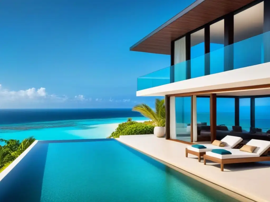 Residencia de lujo con piscina infinita y vistas al mar turquesa Ingresos pasivos propiedades vacacionales: Casa de vacaciones moderna de lujo con piscina infinita y vista al mar turquesa al atardecer