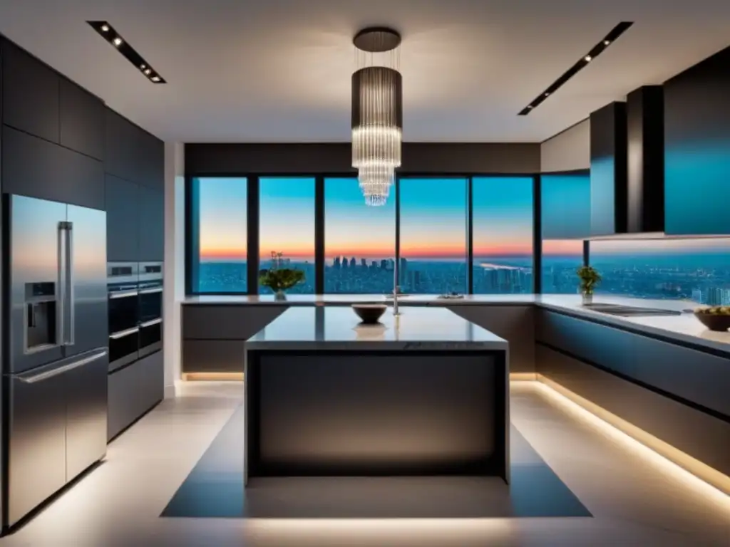 Espectacular cocina de lujo con vistas urbanas en 8k Fotografía inmobiliaria de calidad: Cocina moderna de lujo con vista a la ciudad y elegantes electrodomésticos