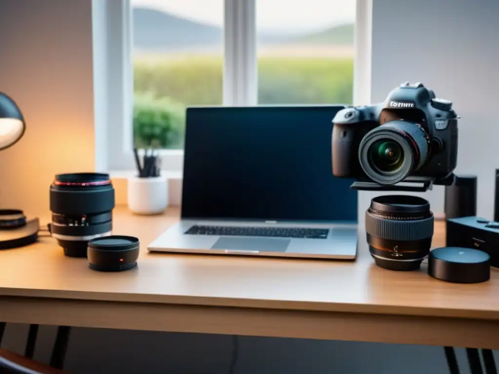 Equipo fotográfico profesional en un escritorio elegante Fotografía inmobiliaria de calidad: Escena detallada de una moderna configuración de cámara en escritorio de fotógrafo profesional