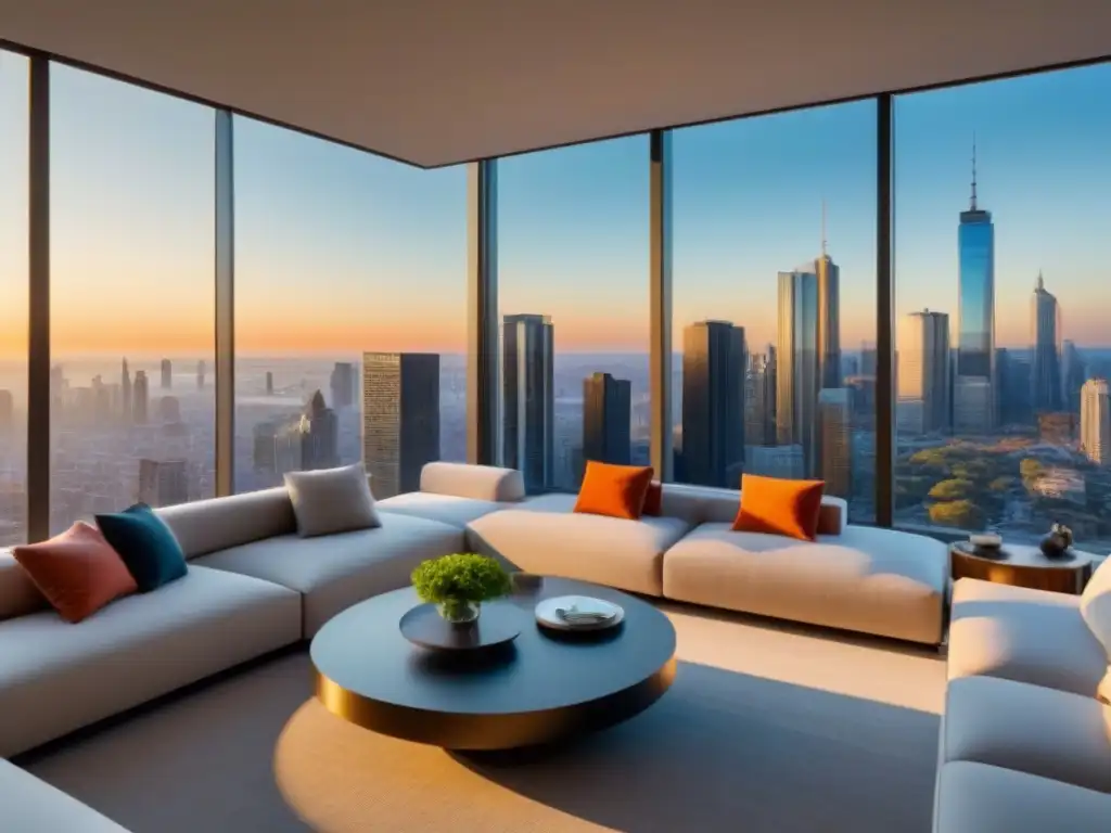 Salón de lujo en apartamento urbano: sofisticación y elegancia Fotografía inmobiliaria de calidad: Salón lujoso y moderno en un apartamento urbano de lujo, con vista a la ciudad