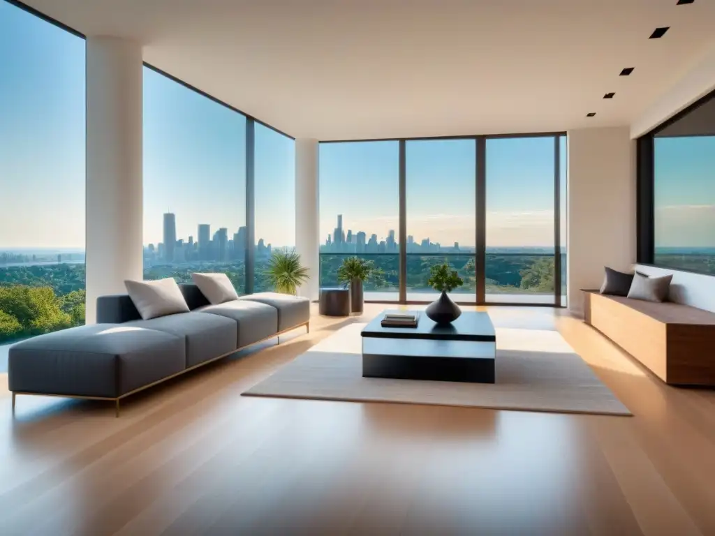 Salón de lujo moderno con vistas impresionantes Una fotografía inmobiliaria de calidad que muestra una sala de estar moderna y elegante en una lujosa propiedad