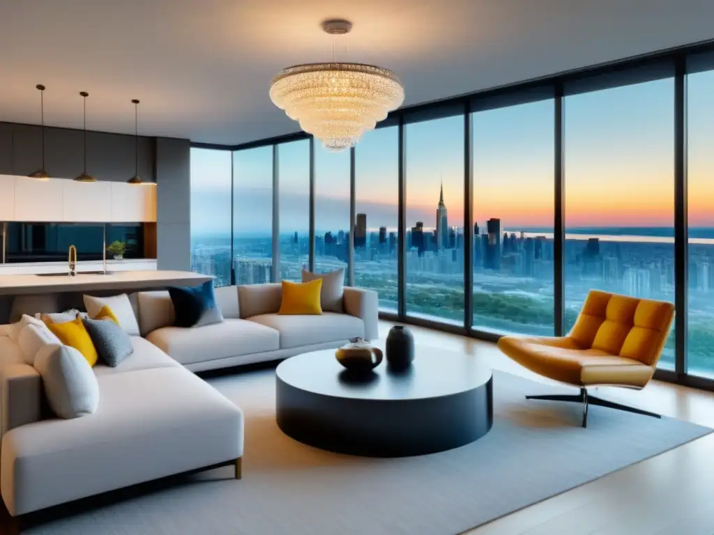 Salón de lujo en la ciudad: elegancia y sofisticación Fotografía inmobiliaria de calidad: Sala de estar moderna y elegante con vista a la ciudad y decoración sofisticada