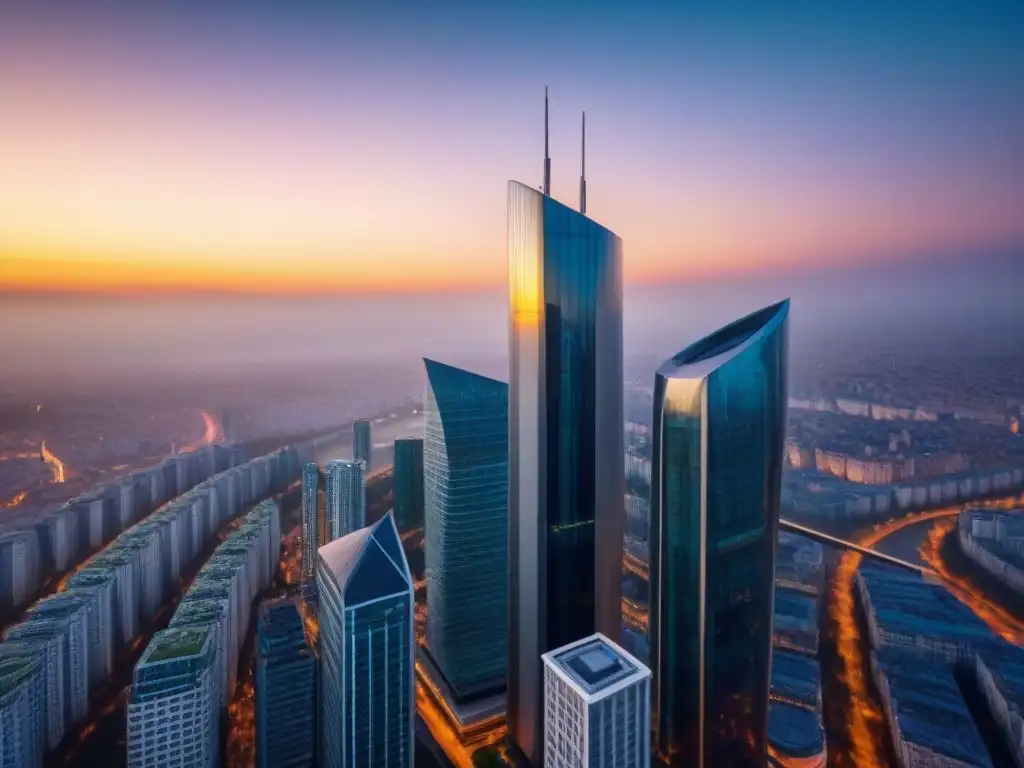 Esplendor urbano: rascacielos moderno en metrópolis del Este Invertir en inmobiliaria Europa del Este: impactante vista aérea de un rascacielos moderno en una bulliciosa metrópolis del Este de Europa