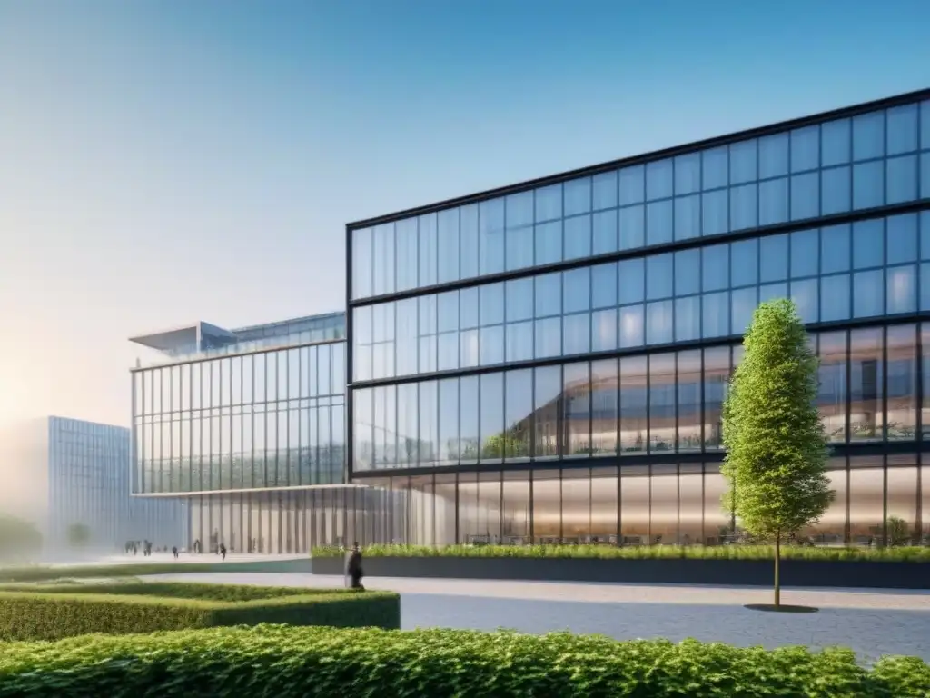 Edificio de oficinas moderno en Europa del Este: fusión arquitectónica entre tradición y diseño contemporáneo Invertir en inmobiliaria Europa del Este: Oficina moderna en ciudad del Este con diseño innovador y toques tradicionales, rodeada de vegetación