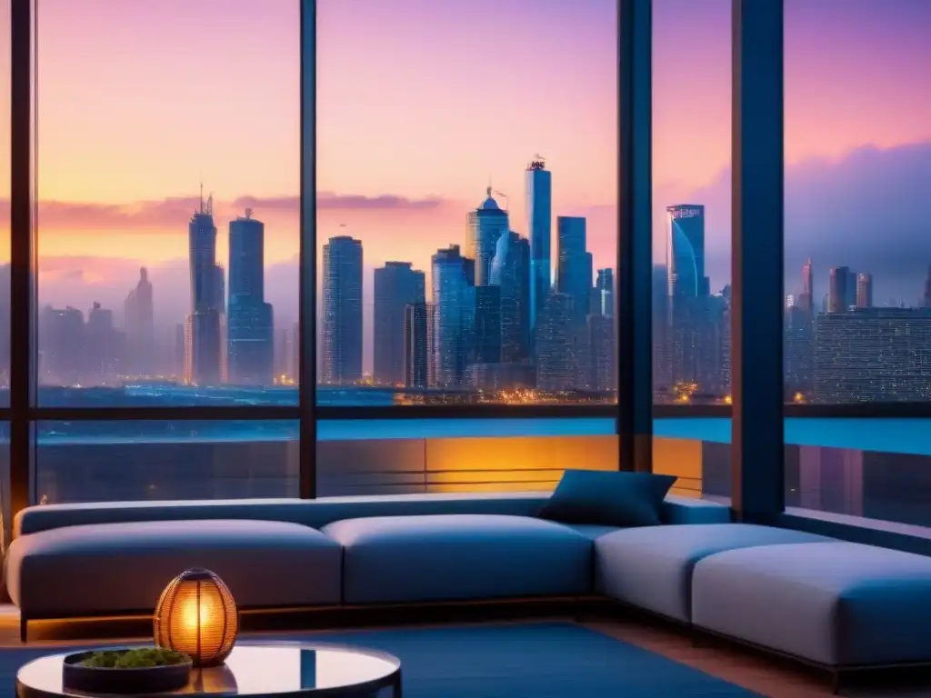 Inmueble de lujo: arquitectura moderna con ventanales de piso a techo reflejando una ciudad en crecimiento al atardecer para inversionistas globales mercado inmobiliario internacional