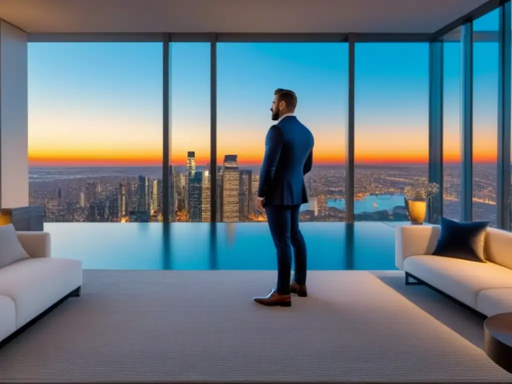Penthouse de lujo con tecnología y criptomonedas Invertir en inmuebles con criptomonedas: Ático moderno de lujo con vistas a la ciudad y decoración contemporánea