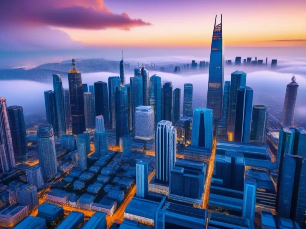 Inversión inmobiliaria vs Invertir en inmuebles con criptomonedas: Una ciudad futurista donde se entrelazan edificios tradicionales y símbolos digitales
