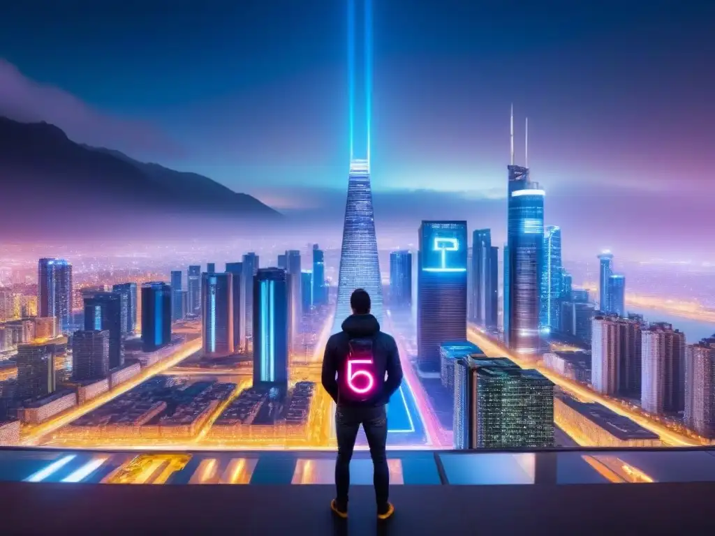 Inversión inmobiliaria y criptomonedas: ciudad futurista nocturna Invertir en inmuebles con criptomonedas: Ciudad futurista de noche, con rascacielos iluminados y pantallas de criptomonedas en primer plano