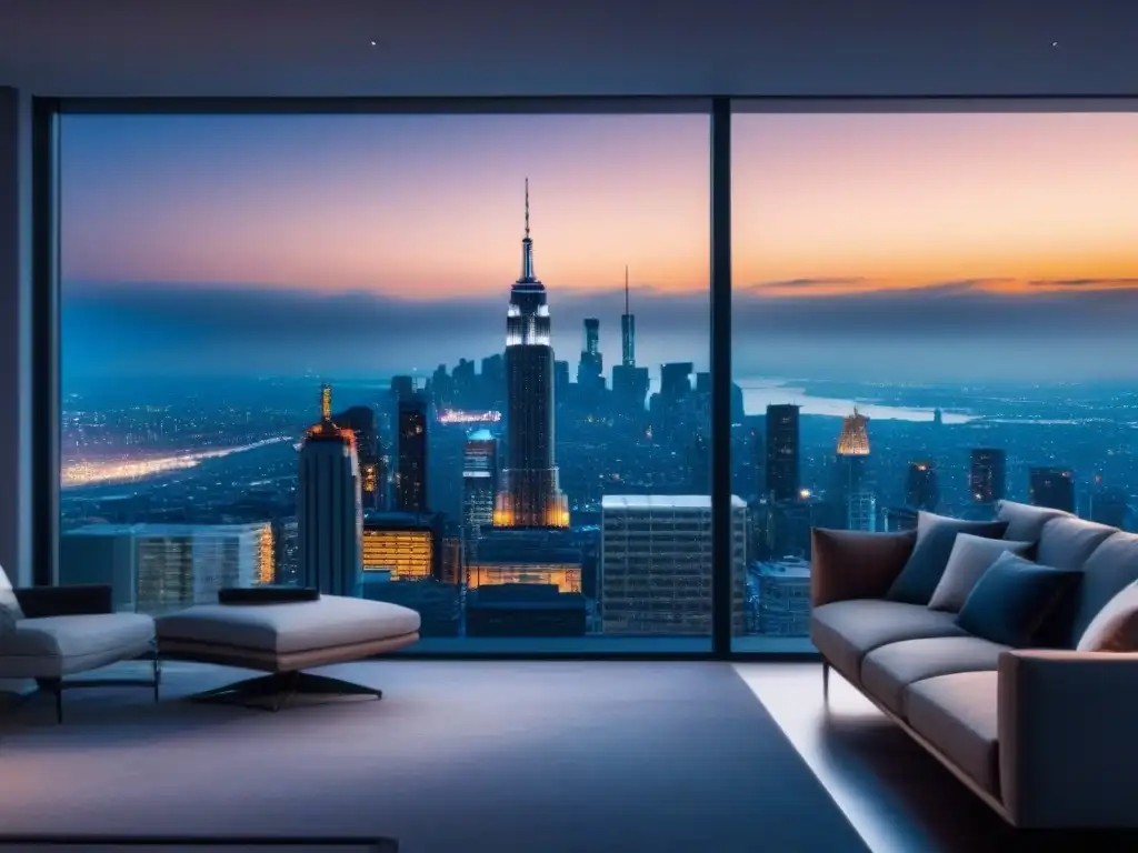Penthouse de lujo con vista nocturna de la ciudad y diseño elegante Invertir en inmuebles con criptomonedas: Lujoso ático moderno con vista nocturna de la ciudad