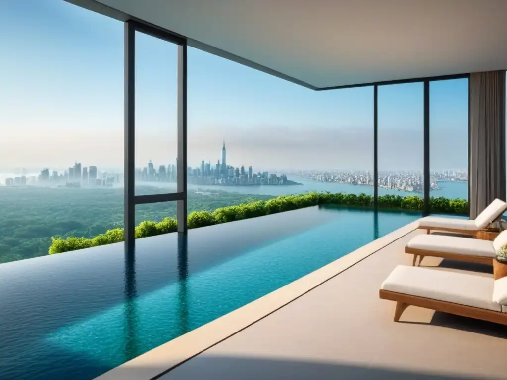 Edificio de lujo con vista panorámica en ciudad internacional Invertir en inmuebles internacionales: Moderno rascacielos con vista panorámica de ciudad y áreas verdes