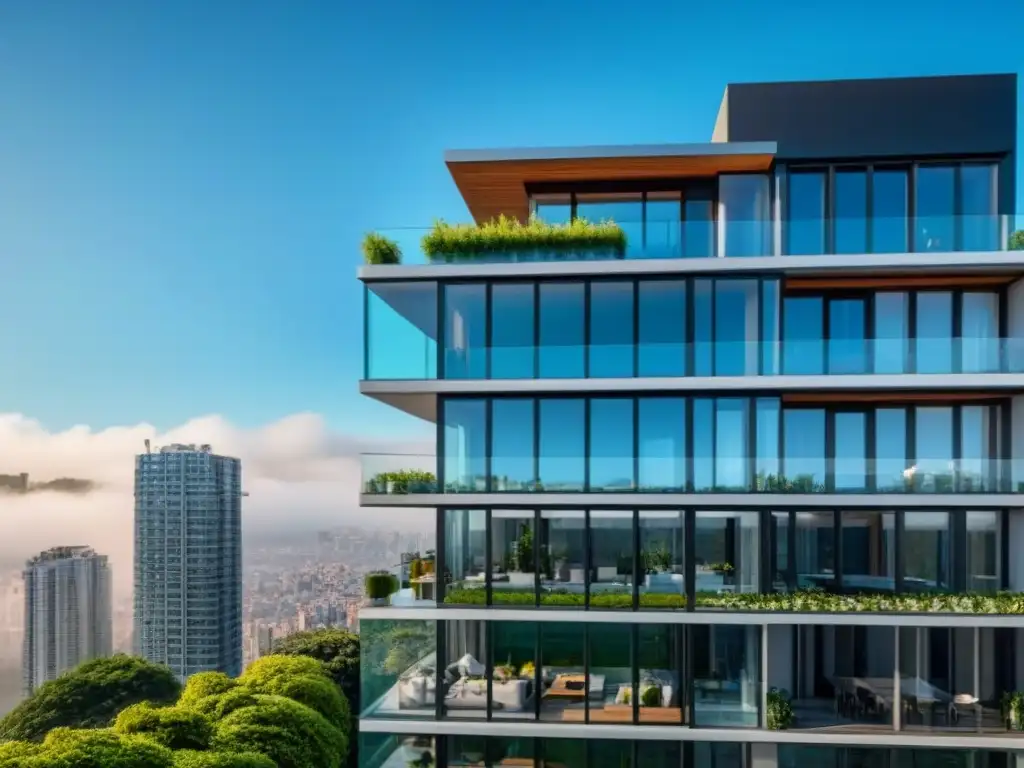 Edificio de lujo con terraza en la azotea en ciudad vibrante Invertir en inmuebles internacionales: un rascacielos moderno con fachada de vidrio, reflejando el bullicio de la ciudad
