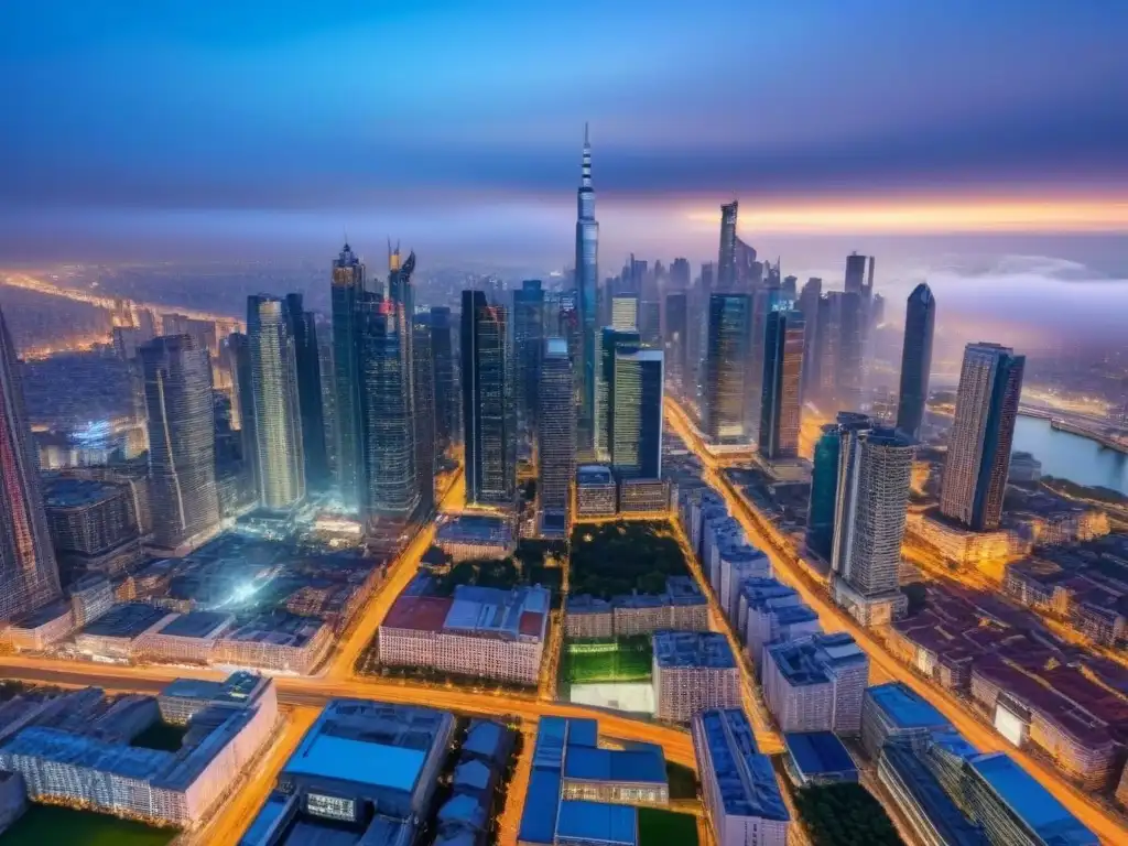 Horizonte urbano moderno: luces y arquitectura de inversión Invertir en inmuebles internacionales: Vista aérea de una ciudad moderna al anochecer, con rascacielos iluminados