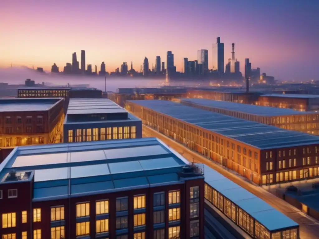 Horizonte urbano postindustrial al atardecer en 8k Invertir en inmuebles postindustriales: Ciudad postindustrial al atardecer, con arquitectura renovada y rascacielos de vidrio