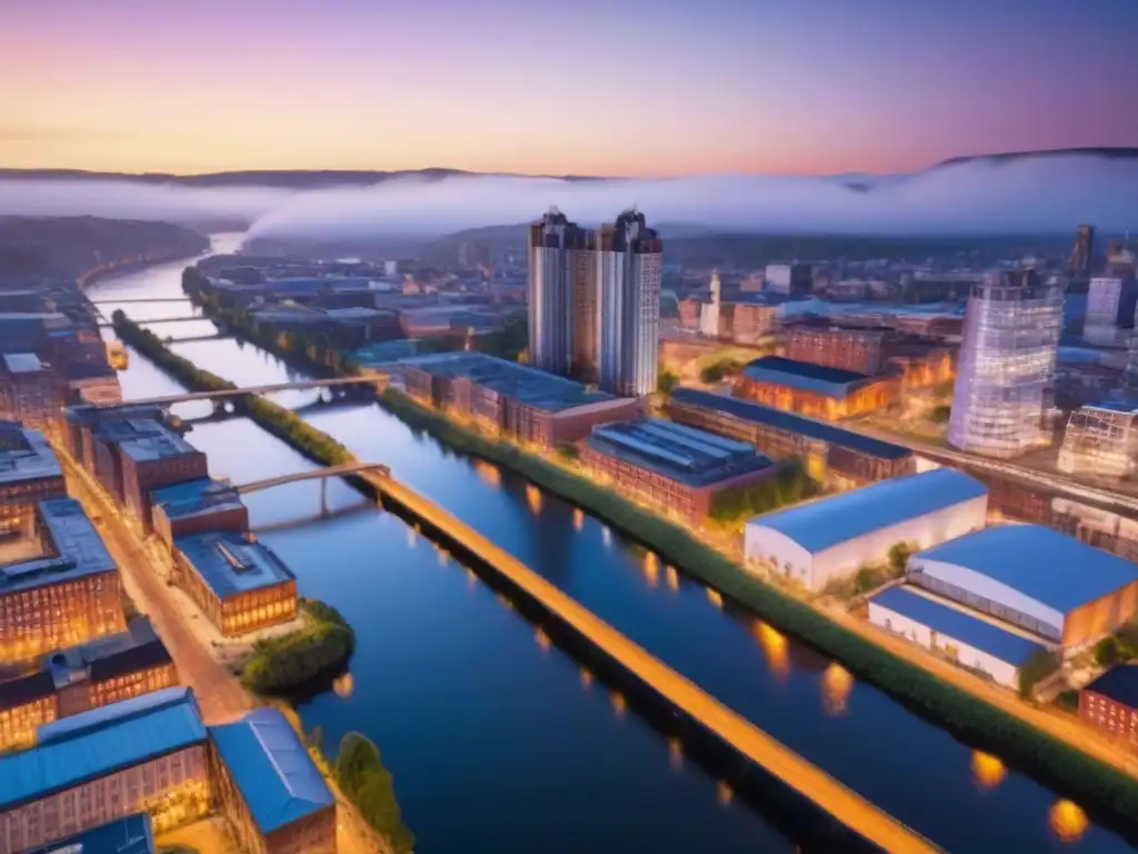 Contraste urbano: Ciudad postindustrial mezcla historia y modernidad Invierte en inmuebles postindustriales: vista aérea de la ciudad, fusionando lo viejo y lo nuevo en un paisaje urbano vibrante al atardecer