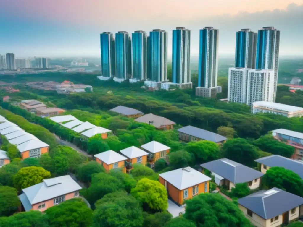 Universidades y oportunidades inmobiliarias en ciudad moderna Inmuebles cerca de universidades Airbnb: Ciudad moderna con edificios altos, universidades y residencias en armonía dinámica