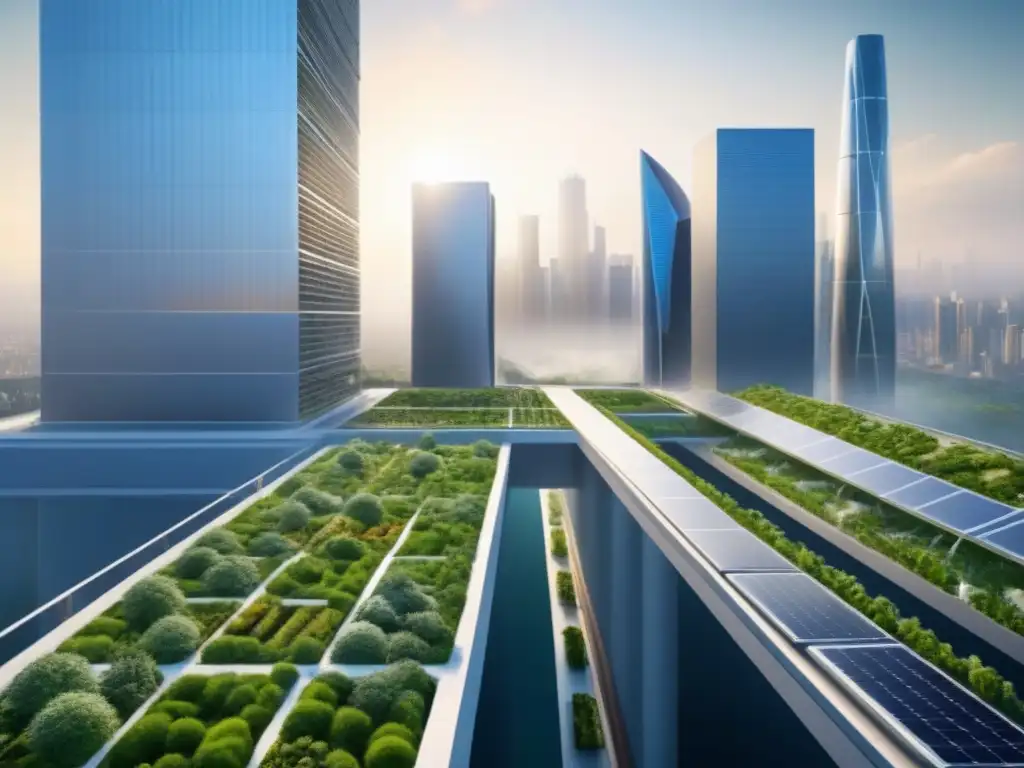 Visión futurista de reconstrucción sostenible postdesastre en la ciudad Innovaciones en reconstrucción postdesastre: ciudad futurista con diseño sustentable y avanzada infraestructura, bañada por la luz del sol poniente