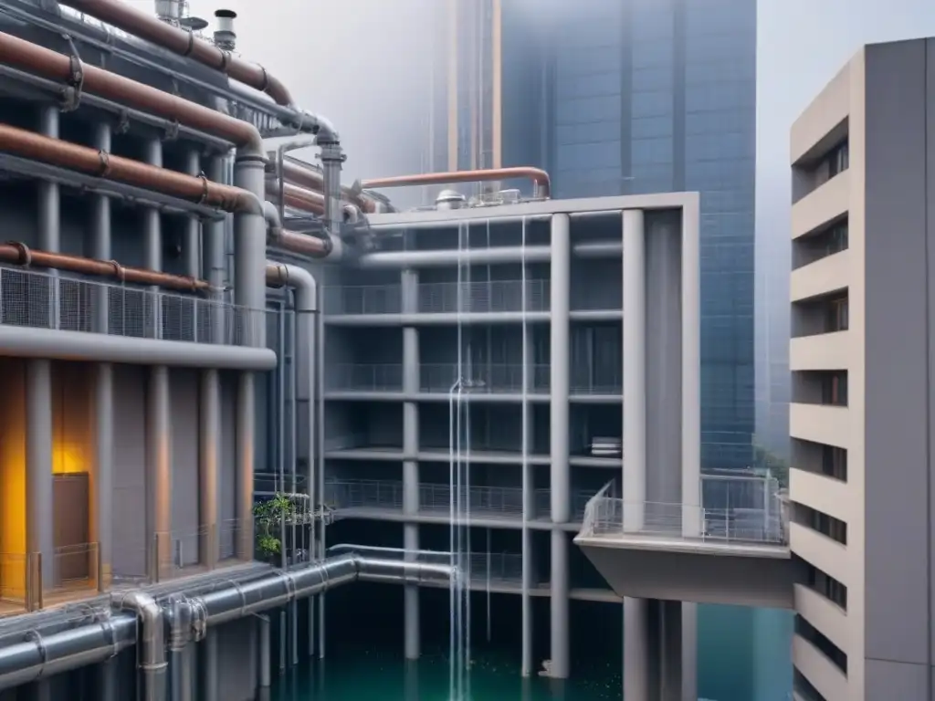 Moderno sistema de reciclaje de aguas grises en edificio contemporáneo Innovaciones en reutilización de agua en edificios: sistema gris de última generación en un rascacielos moderno