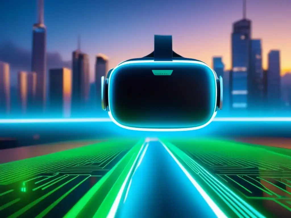 Realidad virtual futurista en el sector inmobiliario Innovador casco de Realidad Virtual en Inversiones Inmobiliarias, rodeado de propiedades digitales detalladas en un entorno futurista