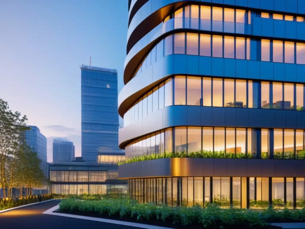 Edificio sostenible en ciudad vibrante al atardecer Un innovador edificio corporativo con Certificaciones LEED y BREEAM, reflejando sostenibilidad y modernidad urbana al atardecer