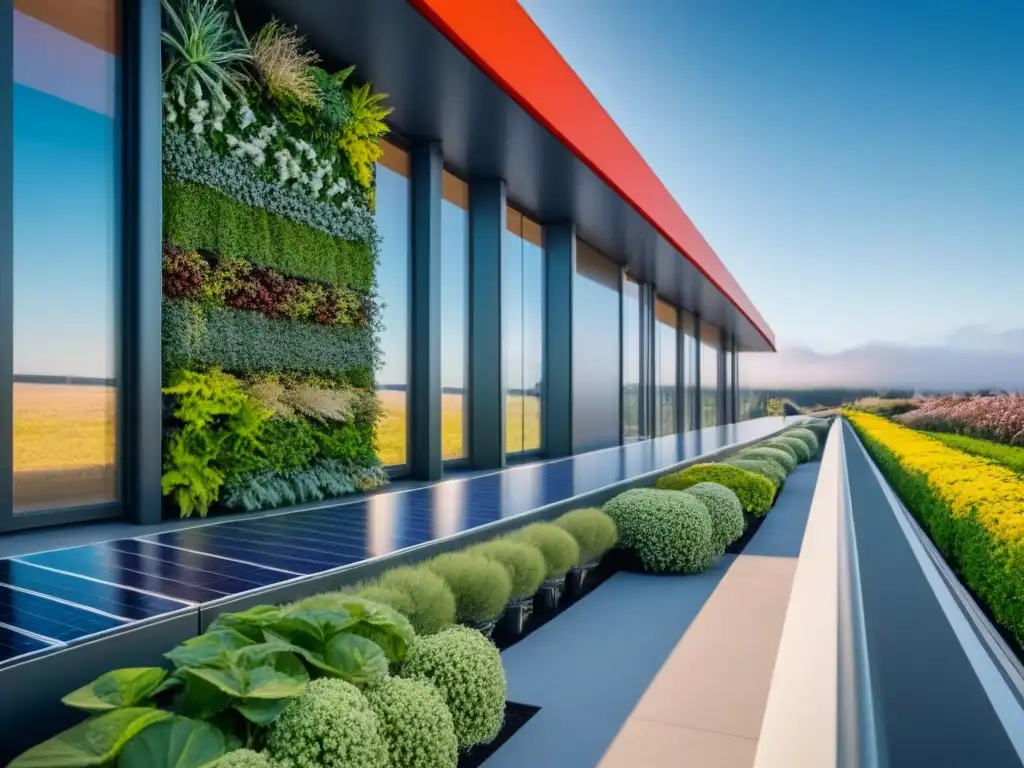Edificio futurista sostenible con paneles solares y muro verde Innovador edificio sostenible con paneles solares, ventanales y muro verde