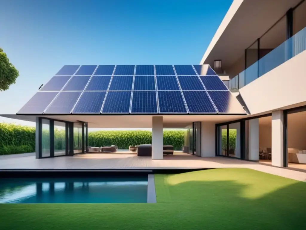 Diseño arquitectónico eco-friendly con paneles solares integrados Innovador edificio sostenible con paneles solares, rodeado de vegetación y cielo azul
