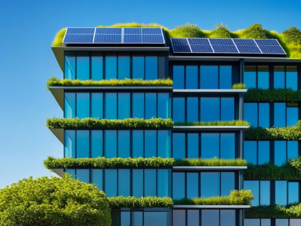 Edificio verde sostenible: diseño innovador y naturaleza exuberante Innovador edificio verde con paneles solares y diseño sostenible