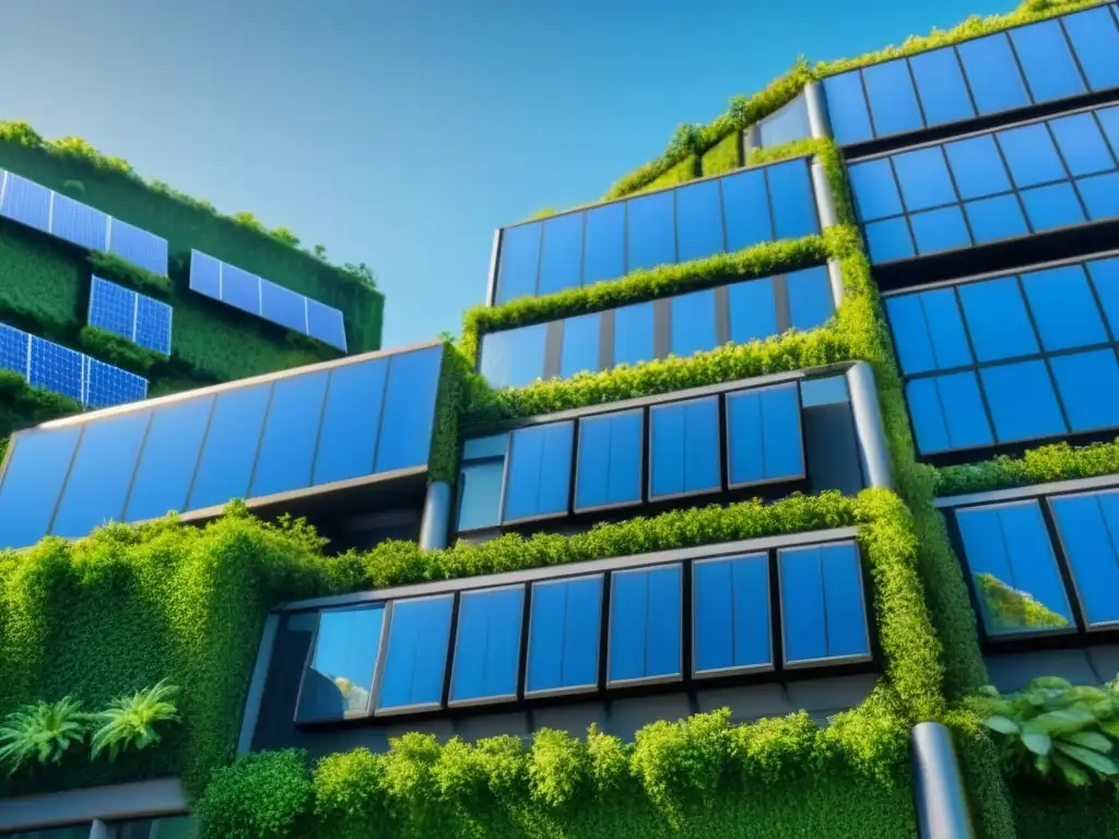 Edificio verde del futuro: arquitectura innovadora y sostenible Un innovador edificio verde con tecnología sostenible y diseño futurista, rodeado de vegetación exuberante y cielo azul claro
