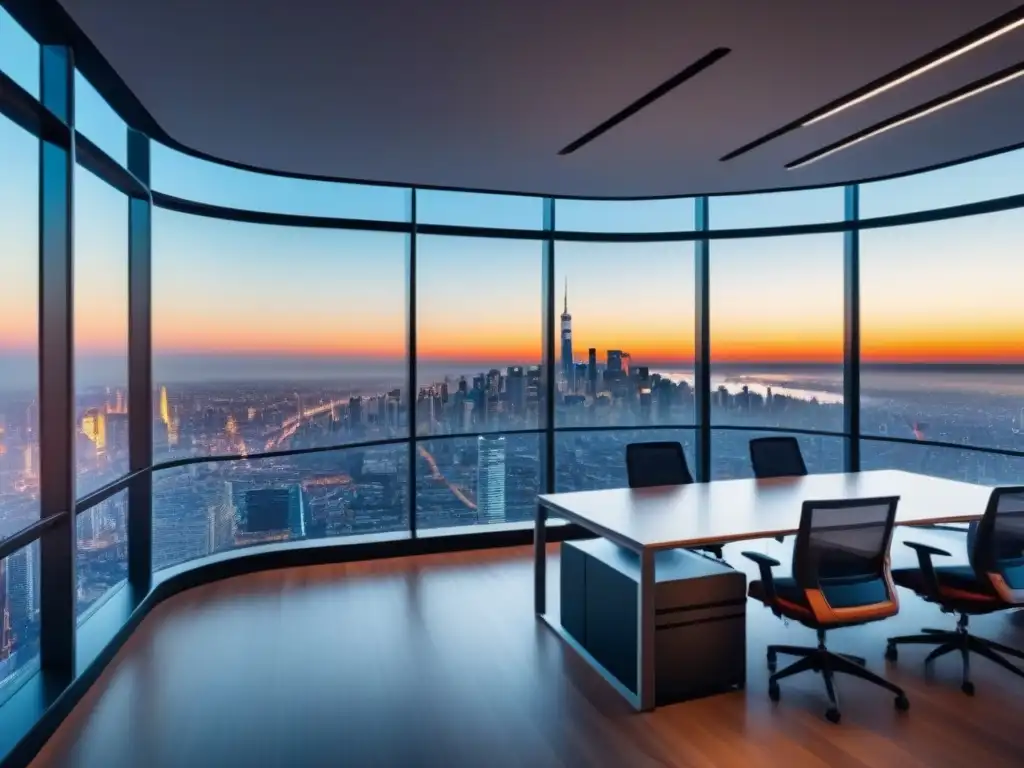 Coworking futurista: innovación y productividad en la ciudad Innovador espacio de coworking con diseño minimalista, mobiliario ergonómico de alta tecnología y vista panorámica de la ciudad