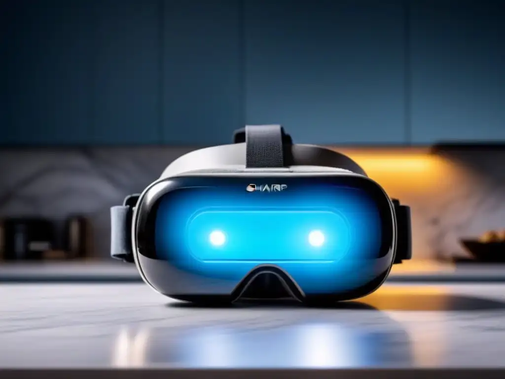 Auriculares de realidad virtual futurista en mostrador de mármol Innovador headset de realidad virtual en contador de mármol, proyectando diagrama de red y símbolo de cerradura