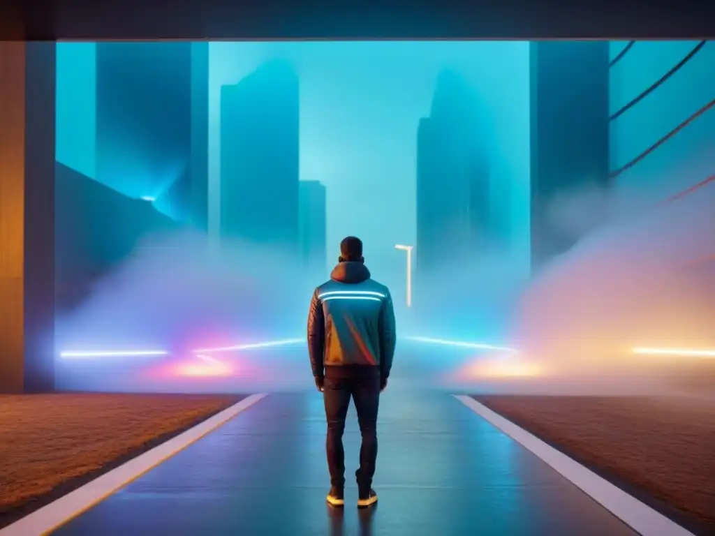 Interfaz holográfica futurista para marketing inmobiliario internacional Un innovador holograma muestra estrategias de Marketing inmobiliario personalizado internacional con colores vibrantes y tecnología avanzada