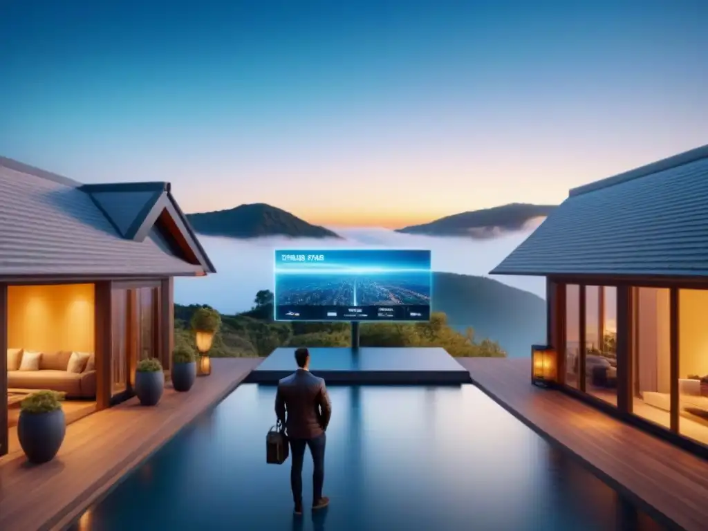 Interfaz futurista: impacto de la tecnología en mercado vacacional Un innovador mercado inmobiliario digital con gráficos de alta tecnología mostrando el impacto de las Tecnologías emergentes en mercado inmobiliario
