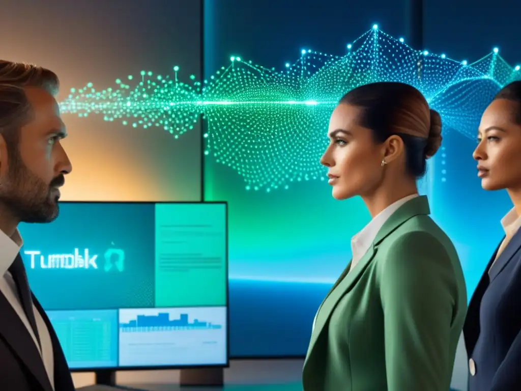 Red de blockchain futurista: innovación y colaboración en inversiones Un innovador mundo de inversiones internacionales en tiempo compartido: profesionales colaborando en una red digital futurista