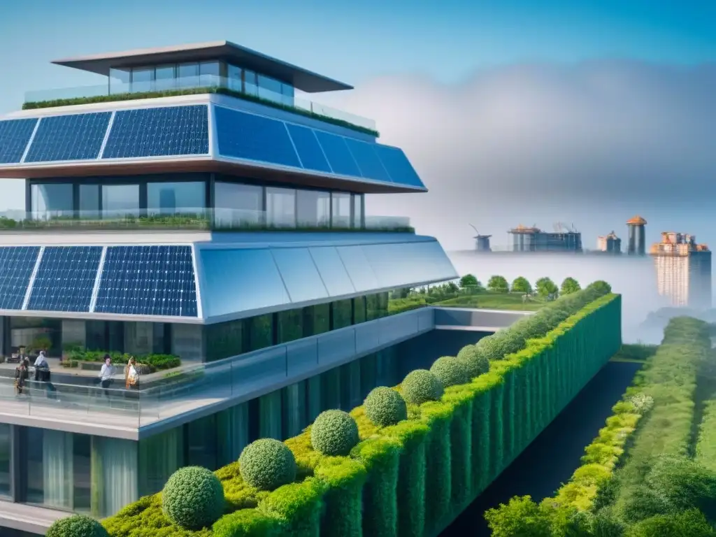 Rascacielos ecológico futurista en 8k rodeado de naturaleza Un innovador rascacielos ecológico rodeado de vegetación, con paneles solares y turbinas eólicas