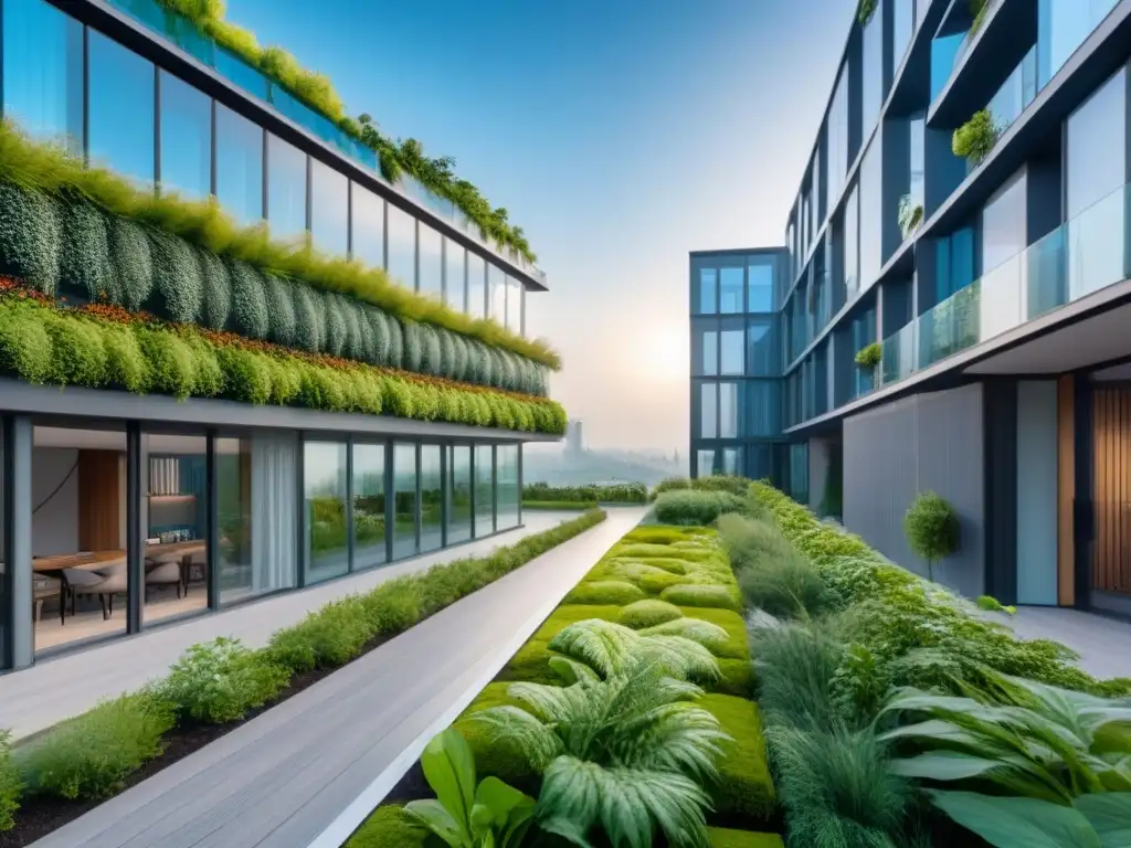 Arquitectura sostenible: rascacielos moderno en entorno verde Un innovador rascacielos rodeado de vegetación y parques en armonía con las leyes verdes del mercado inmobiliario
