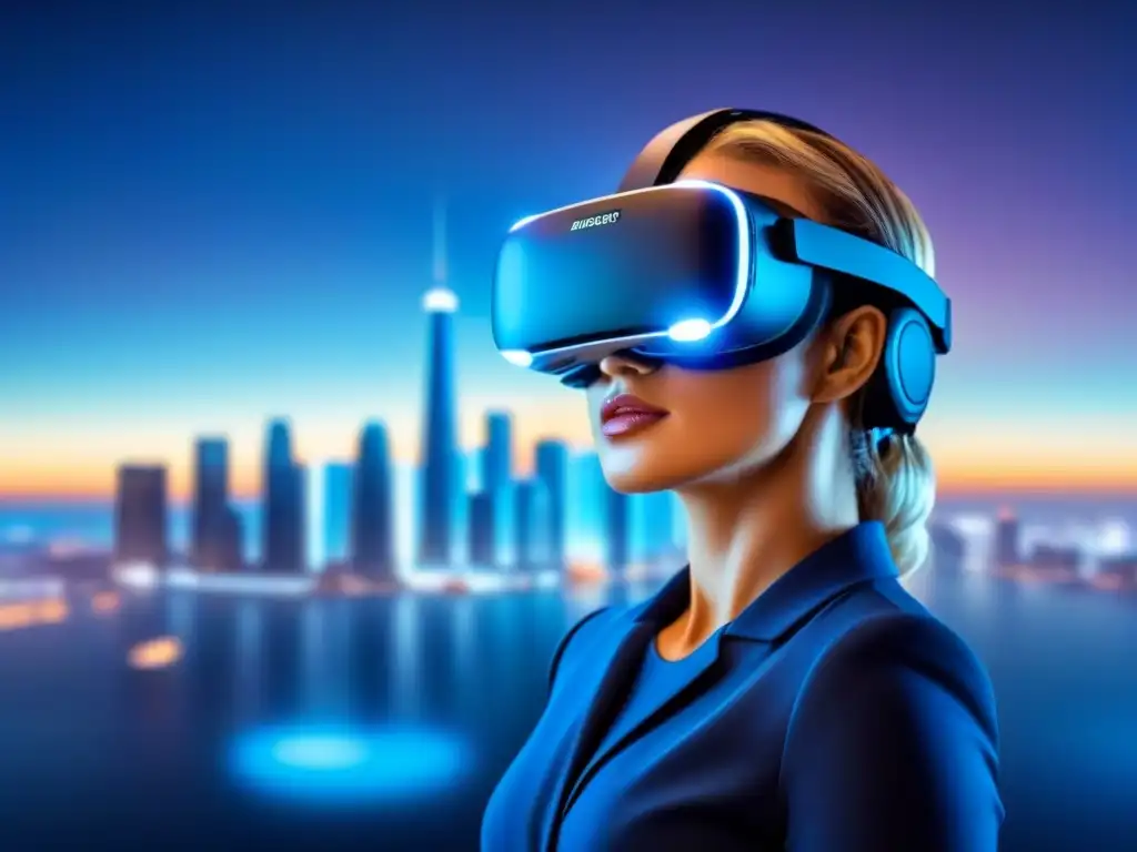 Headset VR de última generación con datos inmobiliarios en 8k Innovador visor de realidad virtual con datos de inversión inmobiliaria en ciudad digital