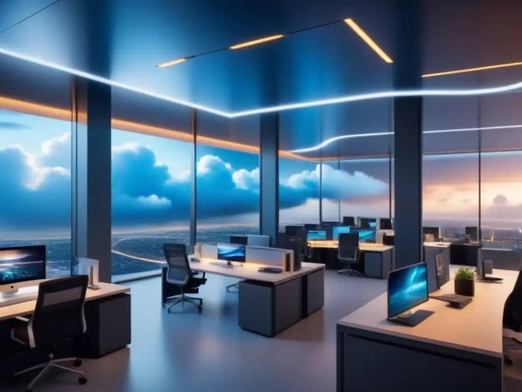 Oficinas modernas fusionadas con servidores en la nube Innovadora arquitectura de oficinas integrada con plataformas en la nube para gestión inmobiliaria
