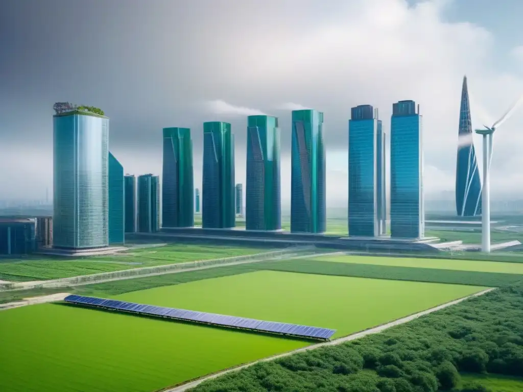 Metrópolis futurista: rascacielos sostenibles en paisaje verde Innovadora ciudad futurista con rascacielos sostenibles, verde paisaje y energía renovable