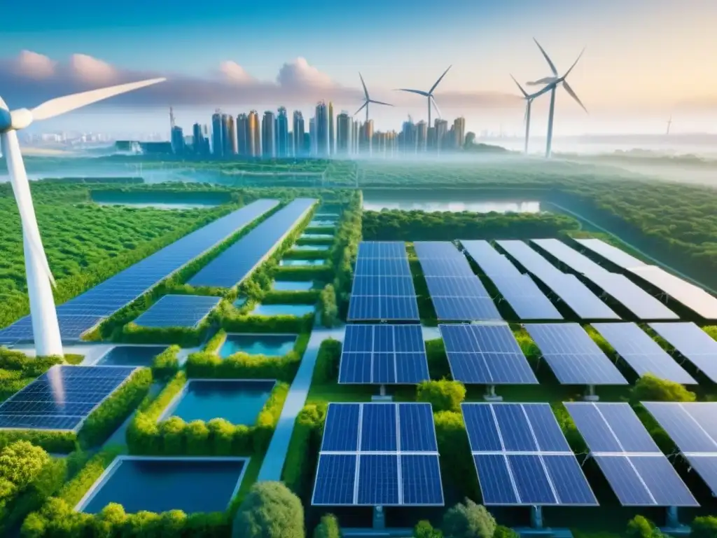 Cityscape futurista sostenible: arquitectura verde y energía renovable Innovadora ciudad sostenible adaptada al cambio climático con energías renovables y arquitectura verde, mostrando un impacto positivo en bienes raíces