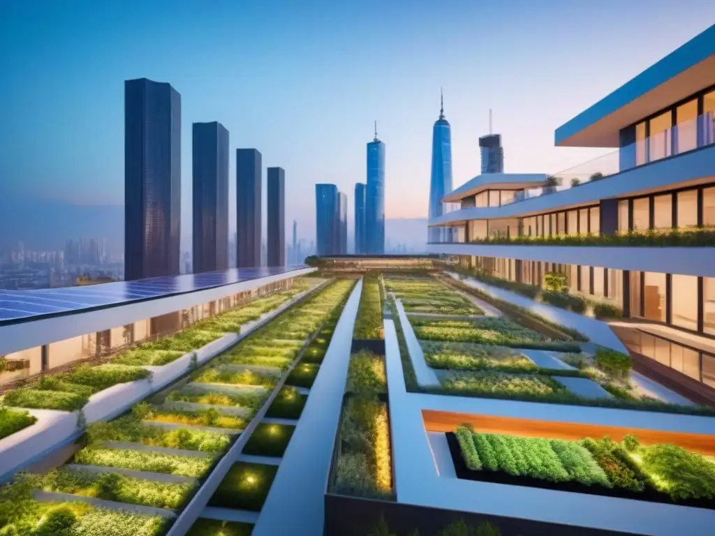 Innovadora ciudad sostenible al anochecer, con edificios ecoeficientes y jardines verticales